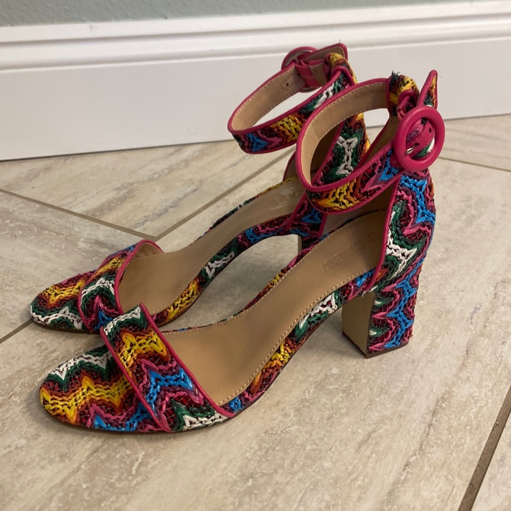 J.Crew Ankle Strap Zig Zag Raffia Azalea 3 Inch Platform Heels, NWOT